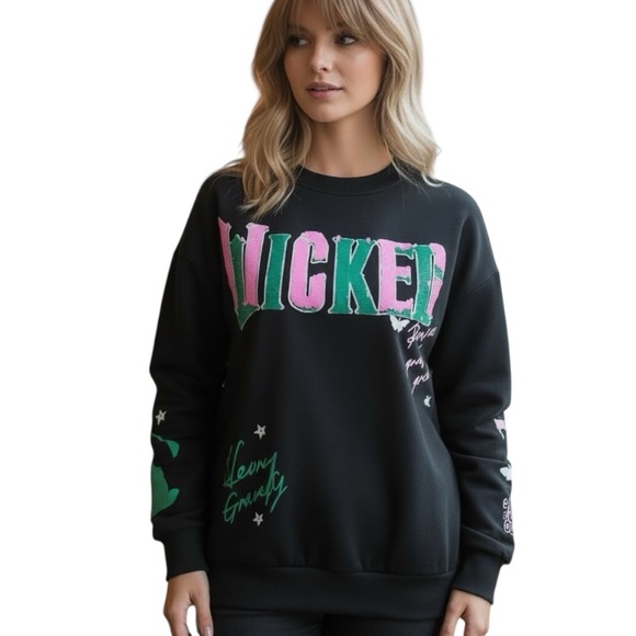 Wicked Tops - Wicked Medium Black Crewneck Sweatshirt Sequins Butterflies Elphaba Theatre Kid